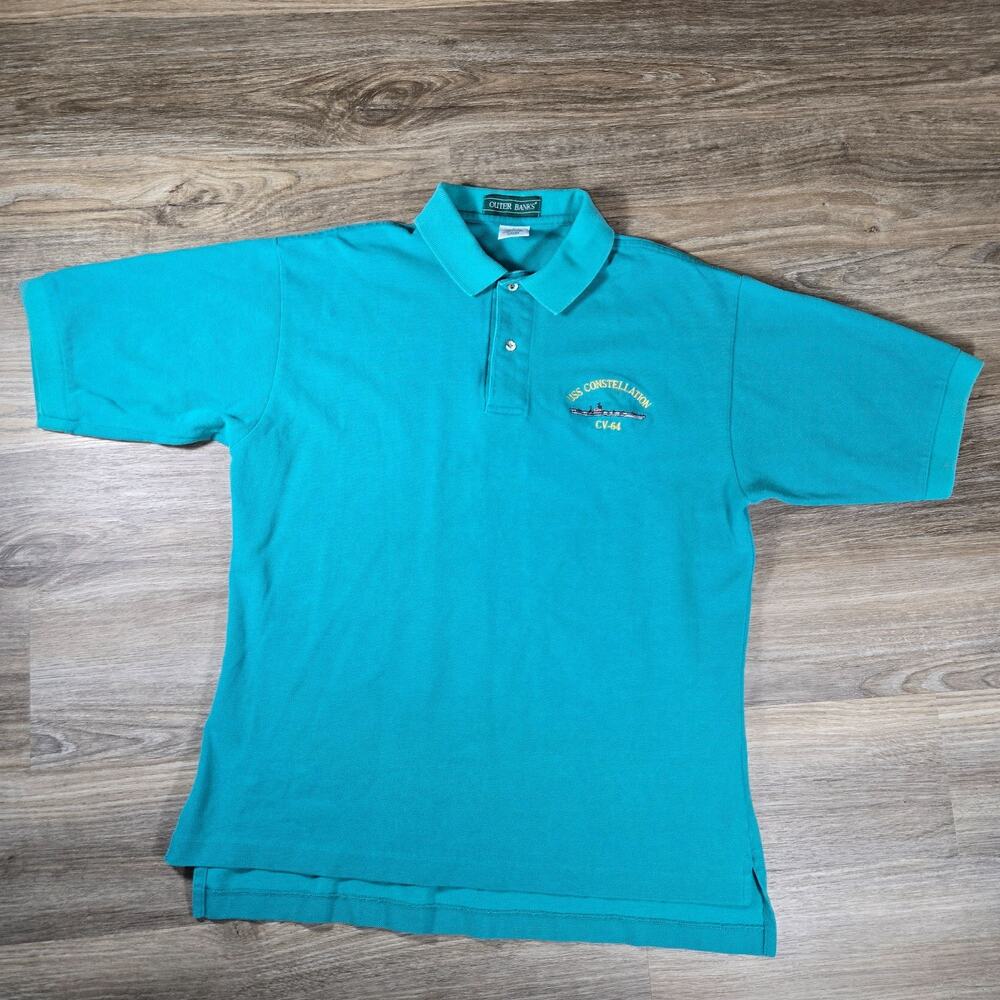 Vintage Outer Banks USS Constellation CV-64 Polo Mens L Green US Navy Military
